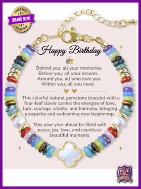 Brass Plated Gold Stretch Bracelet with Clover Charm Healing Crystal